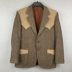 Vintage BW Westernwear Blazer Mens 44 Brown Herringbone Western Yoke Tweed
